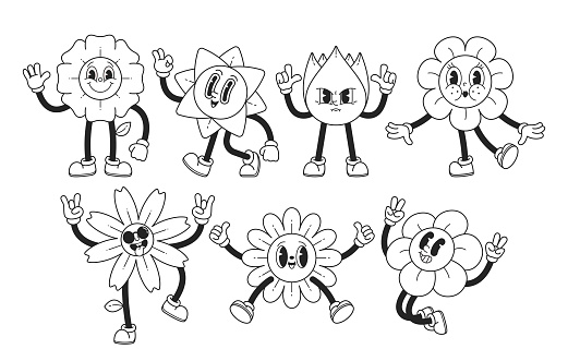 Retro-inspired Black And White Y2k Flower Characters, Blending Nostalgia With A Minimalist Aesthetic, Perfect For Adding A Touch Of Whimsy And Style To Design. Cartoon Personages, Vector Illustration