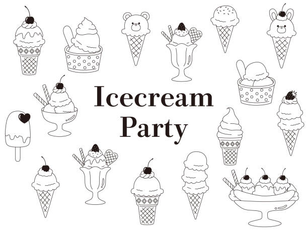 ilustraciones, imágenes clip art, dibujos animados e iconos de stock de conjunto de ilustración vectorial de helado lindo, como helado con cereza y fresa, crema suave y banana split - banana split