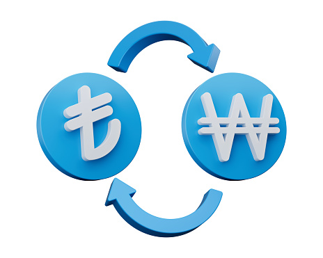 3d White Lira And Won Symbol On Rounded Blue Icons With Money Exchange Arrows, 3d illustration