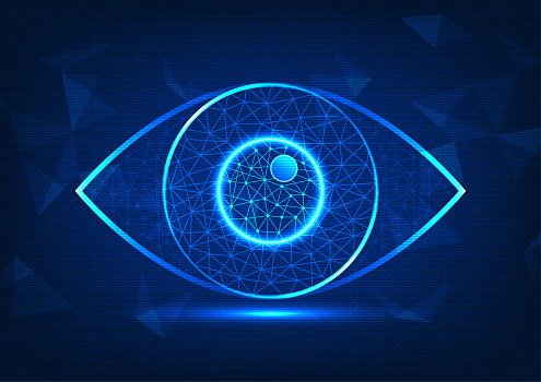 Eye technology with superimposed geometric shapes with stacked back lines. It conveys the speed of searching for information through the modern internet network. It is useful for growing a business.