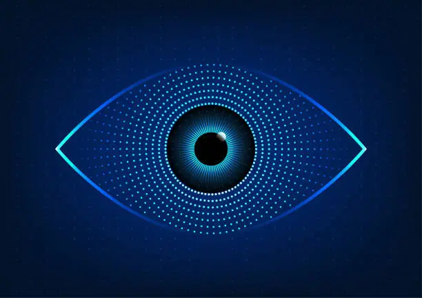 Vector illustration of Eye technology abstract background Technology helps to quickly find information or conduct business through the Internet. Dark blue eyes with a blue gradient spot background. to look modern