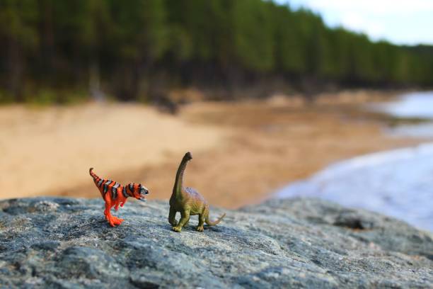 Two toy dinosaurs on a boulder at the beach