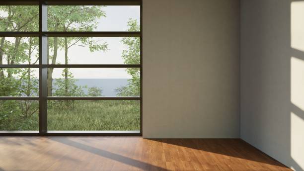 istock Modern spacious empty light hall room with big windows, ceramic tiles on the floor and lights on top. 3D rendering 1499387133