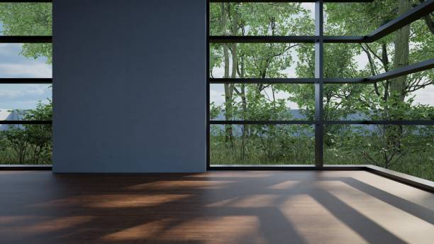 istock Modern spacious empty light hall room with big windows, ceramic tiles on the floor and lights on top. 3D rendering 1499388566
