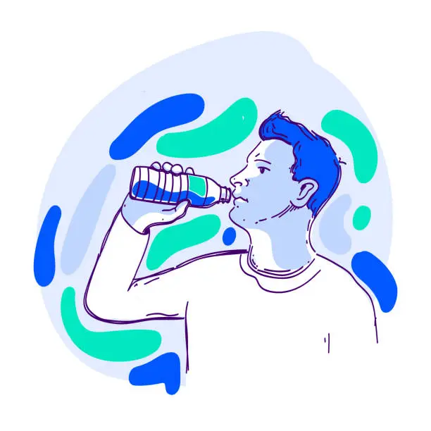 Vector illustration of Young sportsman drinking clean water. Vector Illustration Of clean water Design Concept. Hand Drawn, Sketch, Doodle.