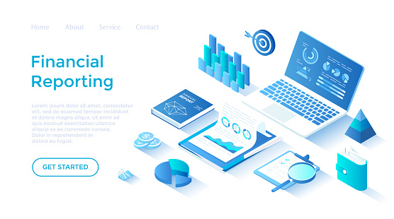 Financial report. Analytics, analysis, audit, results, research. Documents, reports, graphs and charts. Isometric illustration. Landing page template for web on white background.