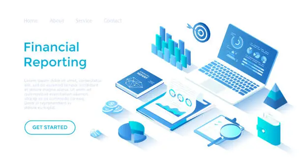 Vector illustration of Financial report. Analytics, analysis, audit, results, research. Documents, reports, graphs and charts. Isometric illustration. Landing page template for web on white background.