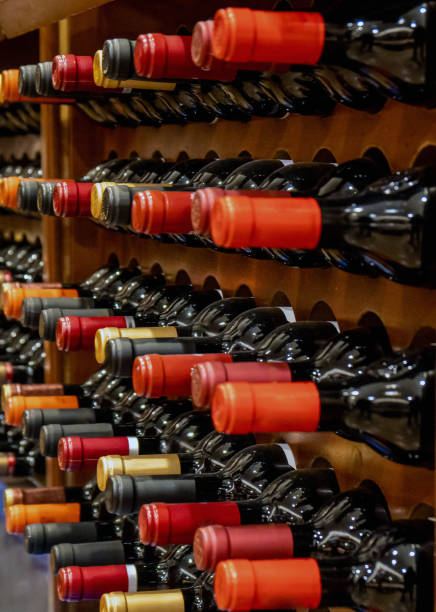 bottles of black red wine lined up and stacked on wooden wine rack shelves from a private collection of a wine cellar in spain. - wine cellar liquor store wine rack imagens e fotografias de stock