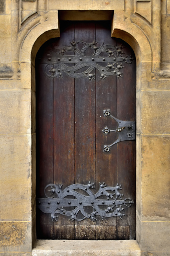 Wooden gothic door with ornamental ironwork. Cathedral of St. Peter and Paul in Brno. Front view