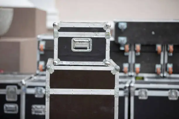 Photo of Case boxes for musical equipment. Professional stage equipment is packed in special boxes.