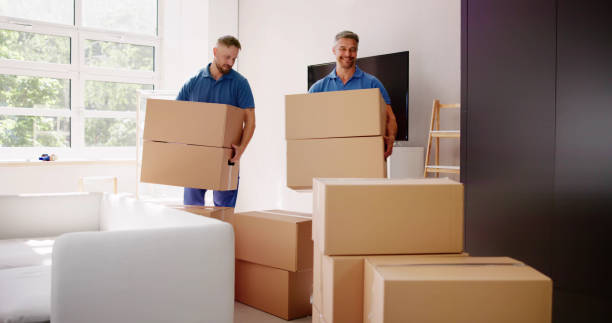Movers Delivering Packaging Boxes stock photo