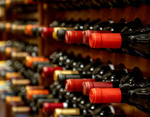 botellas de vino tinto negro alineadas y apiladas en estantes de madera de una colección privada de una bodega en españa. - wine wine rack liquor store bar fotografías e imágenes de stock