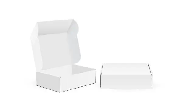 Vector illustration of Cardboard Mailing Product Box, Shipping Mailer Packaging, Opened and Closed Mockup