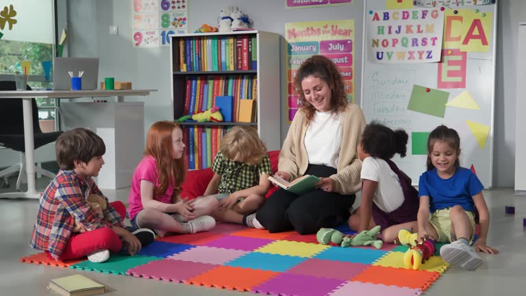 Female teacher reading story to group of elementary pupils in school classroom