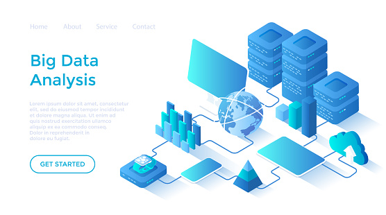 Big Data Analysis. Storage, Machine learning algorithms, Analyzing, Distribution Information, Reporting for optimization. Isometric illustration. Landing page template for web on white background.