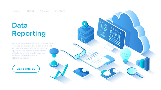Data reporting, analysis, analytics, auditing. Data monitoring and marketing. Graphs and charts on the monitor screen. Landing page template for web on white background.