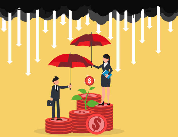 ilustraç�ões de stock, clip art, desenhos animados e ícones de financial savings insurance. business men and women with umbrella red protecting arrows rain in economy crisis or market crash - umbrella men business businessman