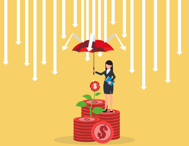 illustrations, cliparts, dessins animés et icônes de protection. femme d’affaires avec parapluie rouge protégeant les flèches pleuvent en crise économique ou en krach boursier - security umbrella rain currency