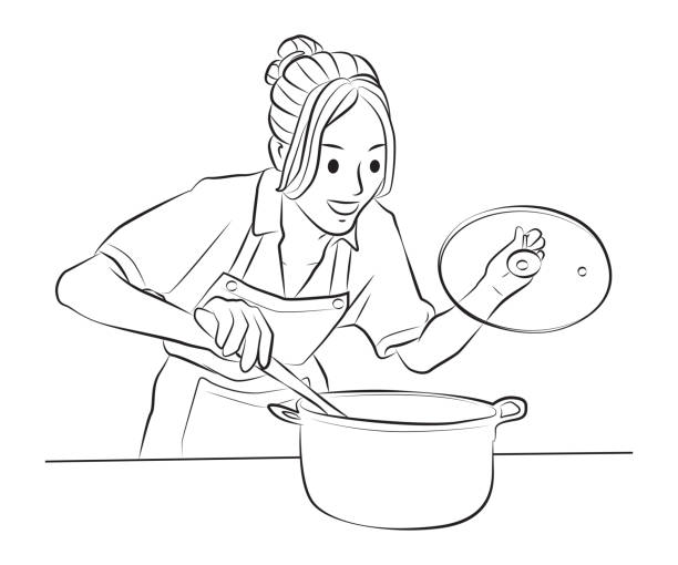 housewife cooking in the kitchen pose housewife cooking in the kitchen pose mature woman healthy eating stock illustrations