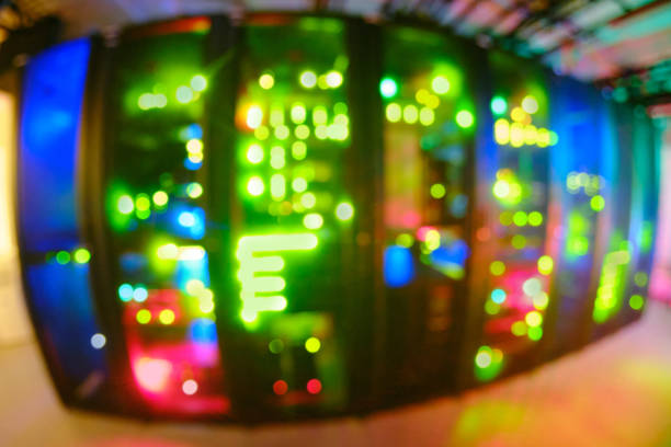 Blurred abstract background of bokeh server lamps. AI intelligence system in the server room is constantly evolving.