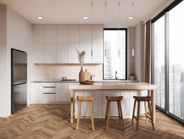 istock Cozy kitchen interior with bar island, fridge and cooking zone, window 1499403073