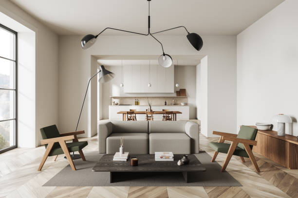 istock White kitchen and living room interior 1499404631
