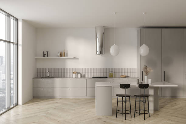 istock Kitchen interior with bar island and refrigerator, cooking area with window 1499404655