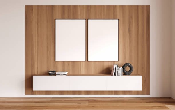 istock Cozy living room interior sideboard and art decoration, mock up frames 1499404719