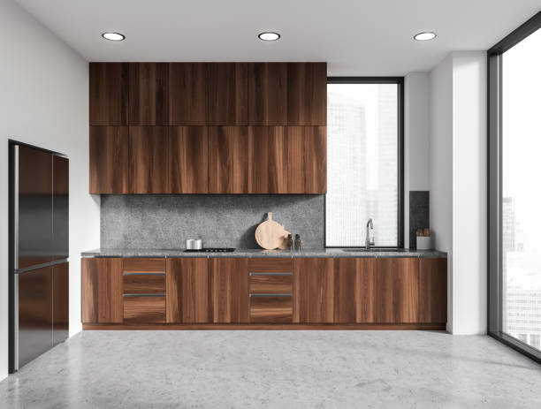 istock White and gray kitchen interior with cabinets and fridge 1499404961