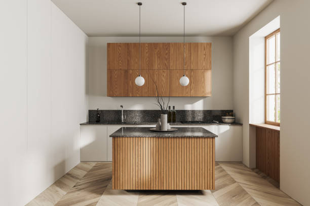 istock Cozy kitchen interior with eating zone, bar countertop and panoramic window 1499405209