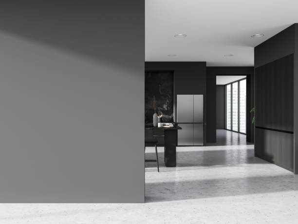istock Dark kitchen interior with dining and cooking area, window and mockup empty wall 1499405382