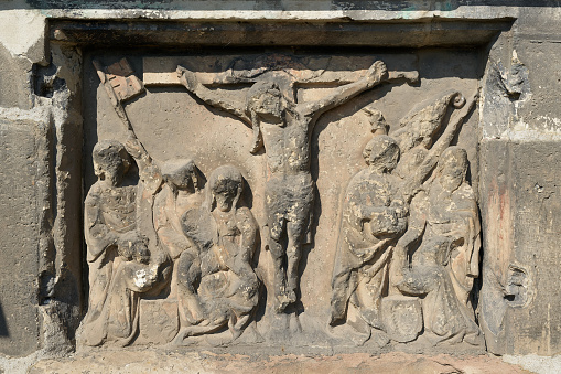 Medieval depiction of the crucifixion of Jesus on a relief