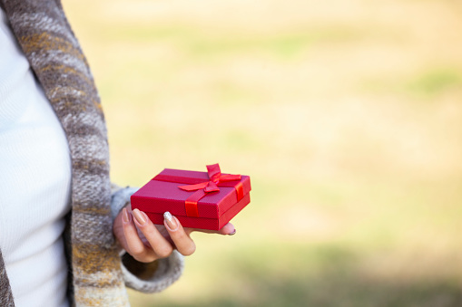 Close up shot of female hands holding a small gift wrapped with red ribbon. Small gift in the hands of a woman outdoor.
