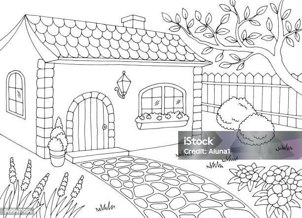 Taman Di Halaman Rumah Grafis Ilustrasi Sketsa Hitam Putih Vektor