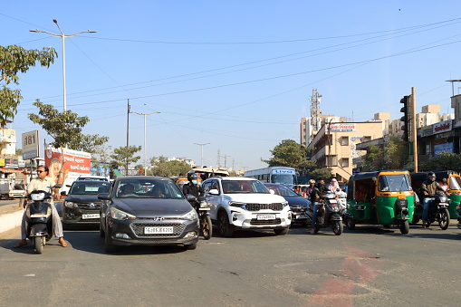 December 23 2022 - Vadodara (Baroda) district, Gujarat in India: Indian Traffic on dusty streets