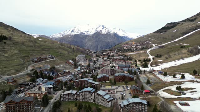 Panoramic view of Les Deux Alpes ski resort in the French Alps.