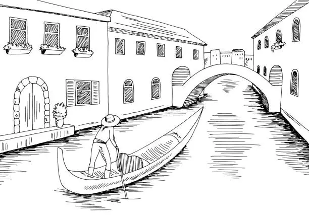 Vector illustration of Gondola boat in Venice river graphic black white sketch illustration vector