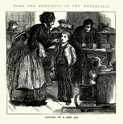 Vintage illustration of Arrival of a new boy, National Refuges for Homeless and Destitute Children, Newsboys home, London, 1870s 19th Century.