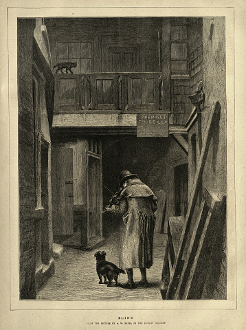 Vintage illustration of Blind busker and his dog, Playing the violin to no one, 1870s 19th Century. After the picture by Alfred Walter Bayes