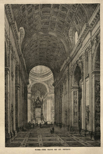 Vintage illustration of The Nave of St. Peter's Basilica, Vatican, 1870s 19th Century.