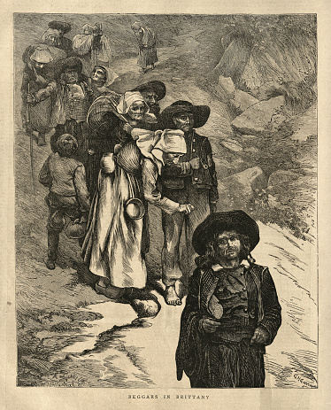 Vintage illustration of Beggars in Brittany, France, 1870s 19th Century.