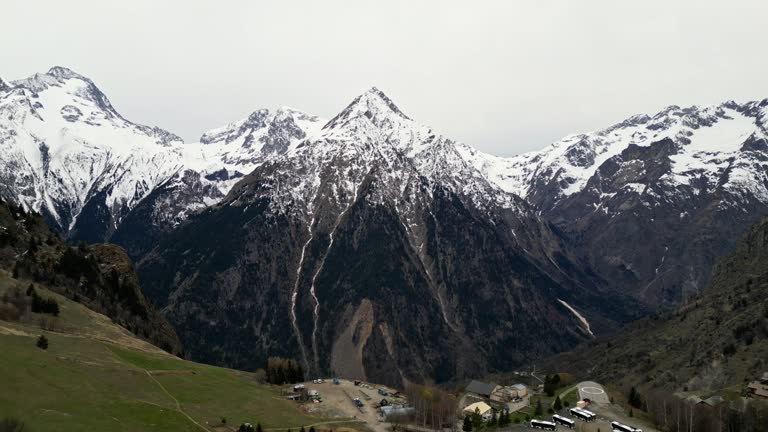 Panoramic view of Les Deux Alpes ski resort in the French Alps.