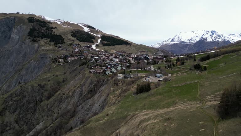 Panoramic view of Les Deux Alpes ski resort in the French Alps.