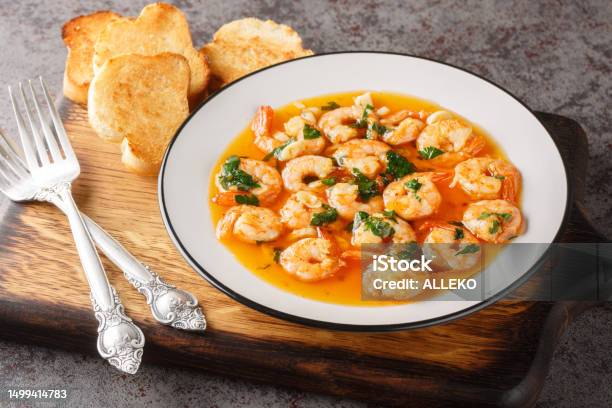 Tasty Prawns With Garlic Gambas Al Ajillo Closeup Horizontal Stock Photo - Download Image Now