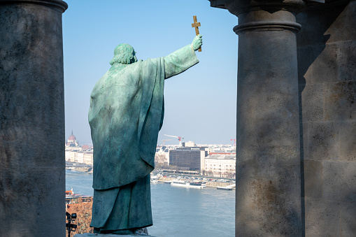 Bronze statue of St Gerard Sagredo. Designed by by Gyula Jankovits and erected in 1904 the statue stands in the Buda district of Budapest below Budapest Castle in the Buda District of the capital city of Hungary.