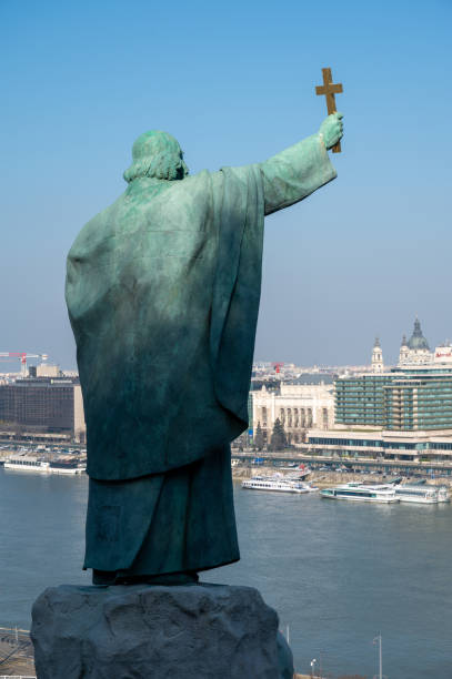 Bronze statue of St Gerard Sagredo. Designed by by Gyula Jankovits and erected in 1904 the statue stands in the Buda district of Budapest below Budapest Castle in the Buda District of the capital city of Hungary.