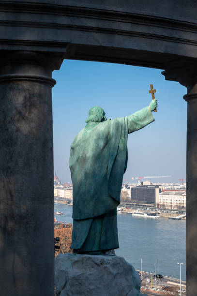 Bronze statue of St Gerard Sagredo. Designed by by Gyula Jankovits and erected in 1904 the statue stands in the Buda district of Budapest below Budapest Castle in the Buda District of the capital city of Hungary.