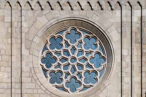 Rose window on the west wall of Matthias Church on Buda Hill overlooking the River Danube and Budapest, capital city of Hungary.