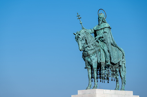 Bronze statue of Saint Stephen, first king of Hungary. Designed by Alajos Stróbl and erected in 1906 the statue stands in the plaza of Fisherman's Wharf close to Matthias Church in the Buda district of Budapest, capital city of Hungary.