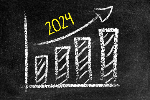 2024 new year, ascending arrow, blackboard, bar graph